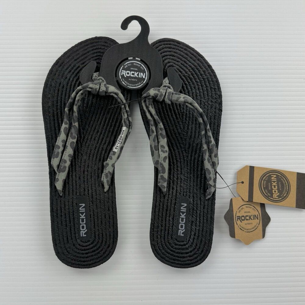 Rockin Womens Size 10 Black Flip Flop Sandals Leopard Tie Straps New